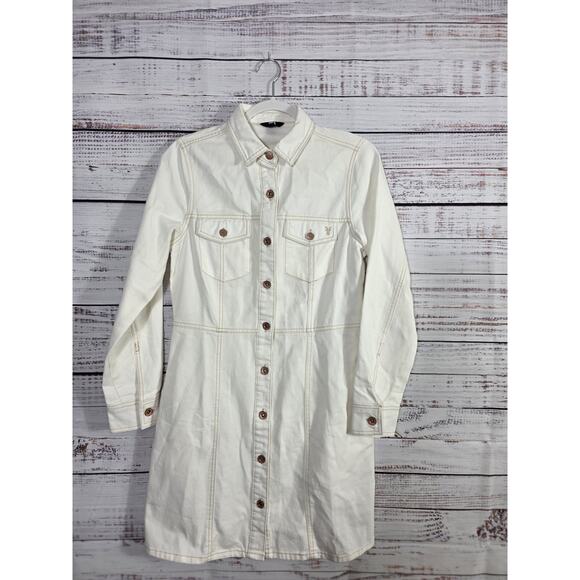 Frye Women's Utility Shirt Dress Small White Denim Button Front Long Sleeve - Picture 1 of 7